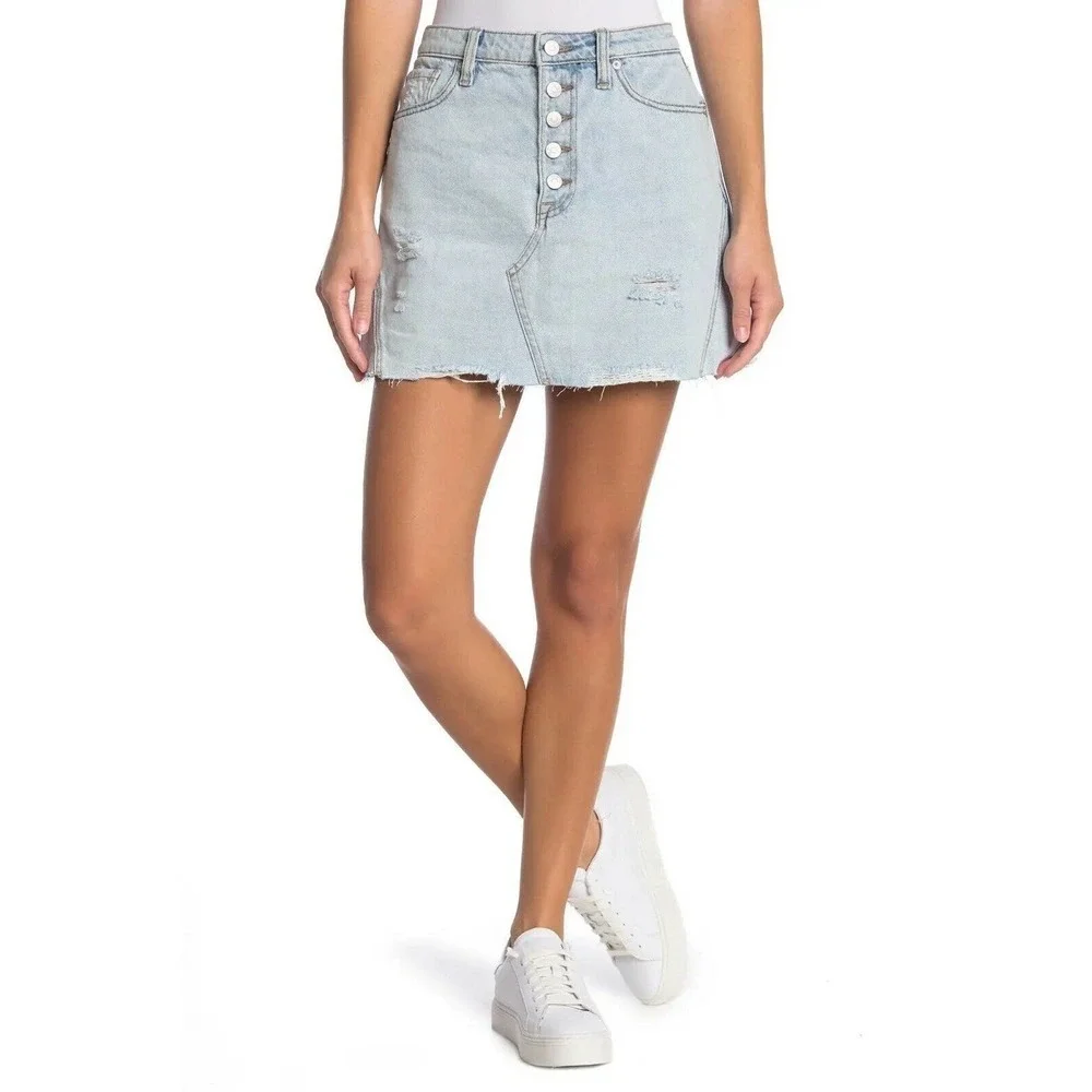 Free People Womens Size 31 Ripped Denim A-Line Mini Skirt‎ Distressed Button Fly